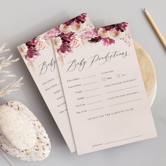 Burgundy Floral Baby Shower Predictions Game Sheet チラシ