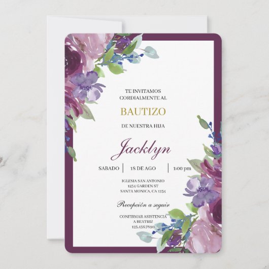Burgundy floral baptism  招待状 (正面)