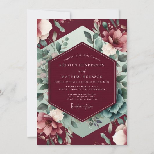 Burgundy Floral Bloom Romance Wedding 招待状 (正面)
