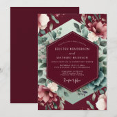 Burgundy Floral Bloom Romance Wedding 招待状 (正面/裏面)