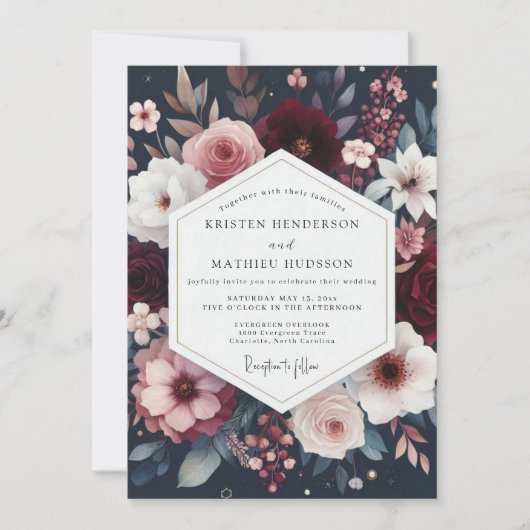 Burgundy Floral Bloom Wedding 招待状 (正面)