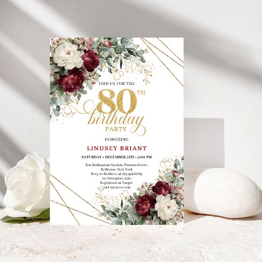 Burgundy Floral Boho Greenery 80th Birthday 招待状