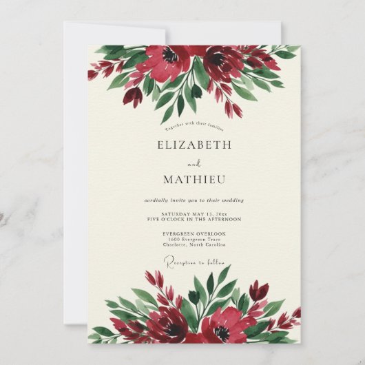 Burgundy Floral Botanical Wedding 招待状 (正面)