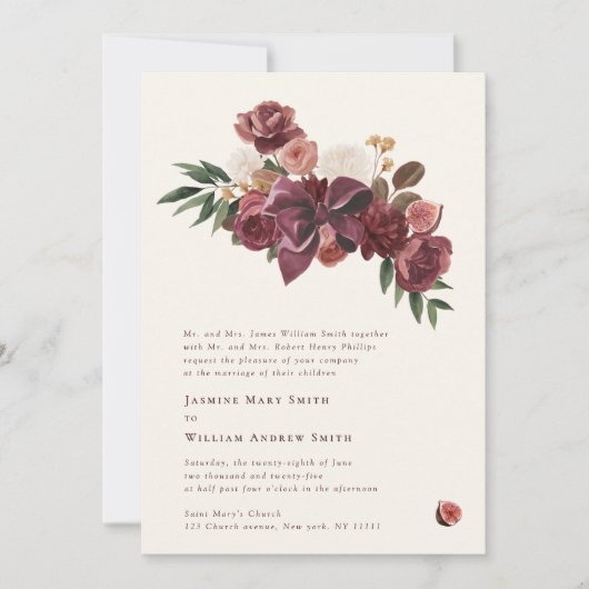 Burgundy Floral Botanical Wedding Invitation 招待状 (正面)