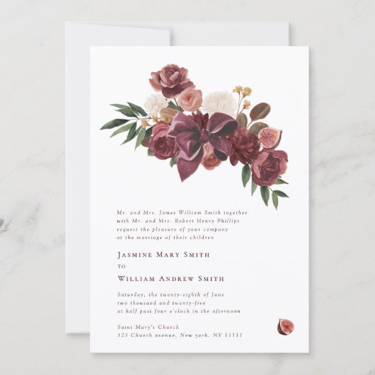 Burgundy Floral Botanical Wedding Invitation 招待状 (正面)
