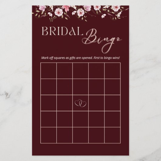 Burgundy Floral Bridal Bingo Game Card (正面)