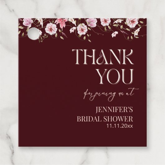 Burgundy Floral Bride in Bloom Bridal Shower フェイバータグ (正面)