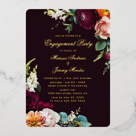 Burgundy Floral Calligraphy Engagement Party Gold 箔招待状 (正面)