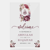Burgundy Floral Crest Muslim Wedding Welcome アクリルサイン (正面)