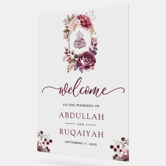 Burgundy Floral Crest Muslim Wedding Welcome アクリルサイン (傾斜)