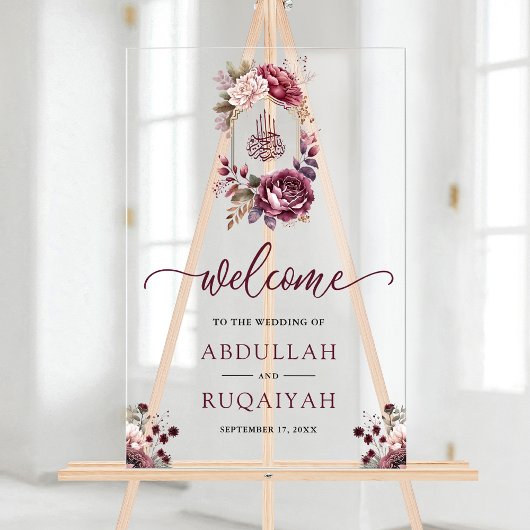 Burgundy Floral Crest Muslim Wedding Welcome アクリルサイン