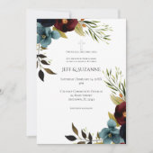 Burgundy Floral Cross Two Become One Wedding 招待状 (正面)