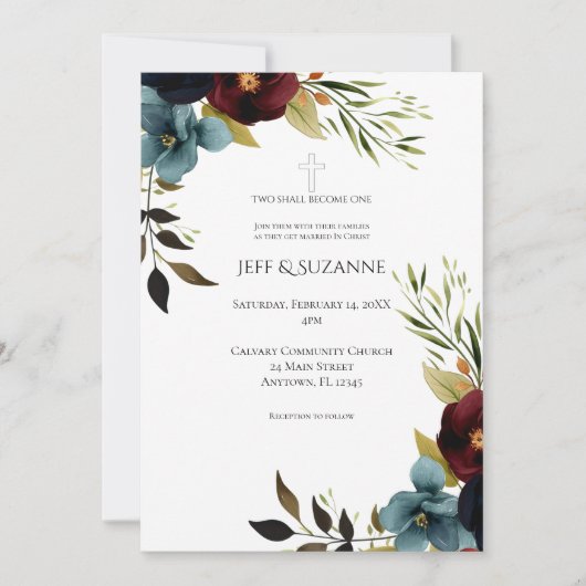 Burgundy Floral Cross Two Become One Wedding 招待状 (正面)