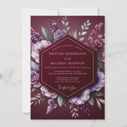 Burgundy Floral Dream Wedding 招待状 (正面)