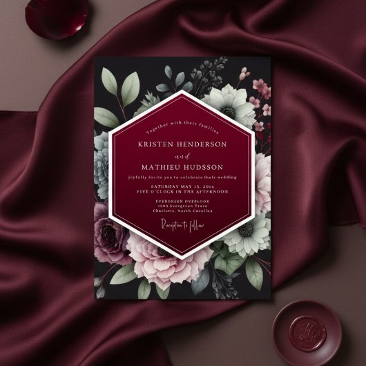 Burgundy Floral Dusk Wedding 招待状