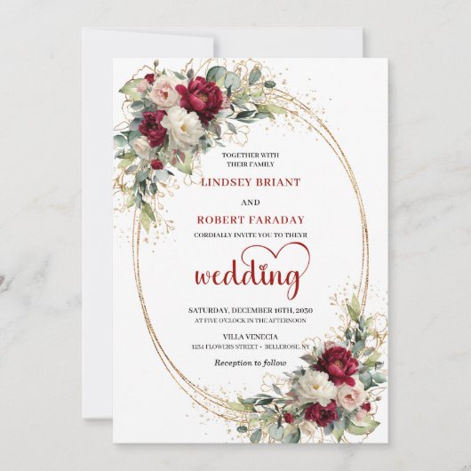 Burgundy Floral Elegant Boho Wedding Invitation 招待状 (正面)