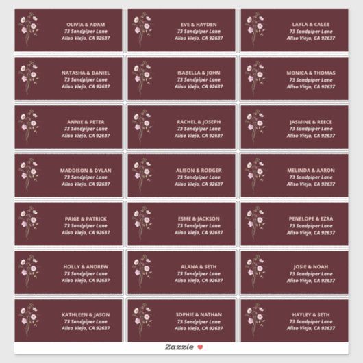 Burgundy Floral  Elegant Return Address Labels   シール (シート)