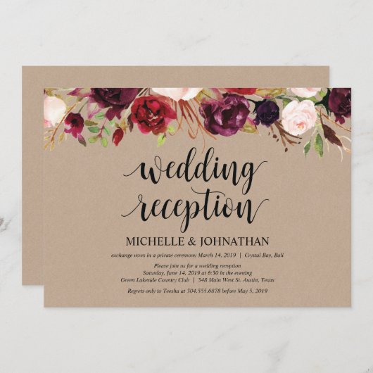 Burgundy Floral Elopement Reception Kraft Invites 招待状 (正面/裏面)