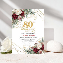 Burgundy Floral Eucalyptus Boho 80th Birthday 招待状