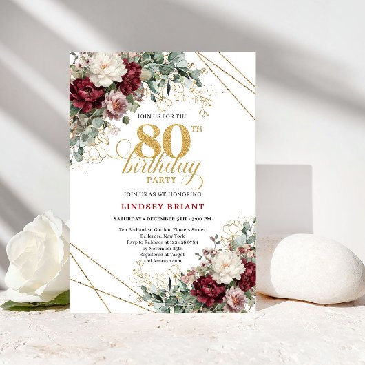 Burgundy Floral Eucalyptus Boho 80th Birthday 招待状