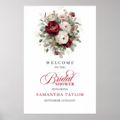Burgundy Floral Eucalyptus Gold Bridal Shower Sign ポスター (正面)