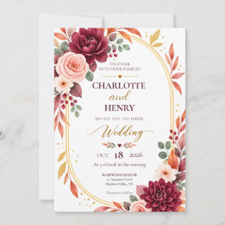 Burgundy Floral Fall Wedding Invitation 招待状
