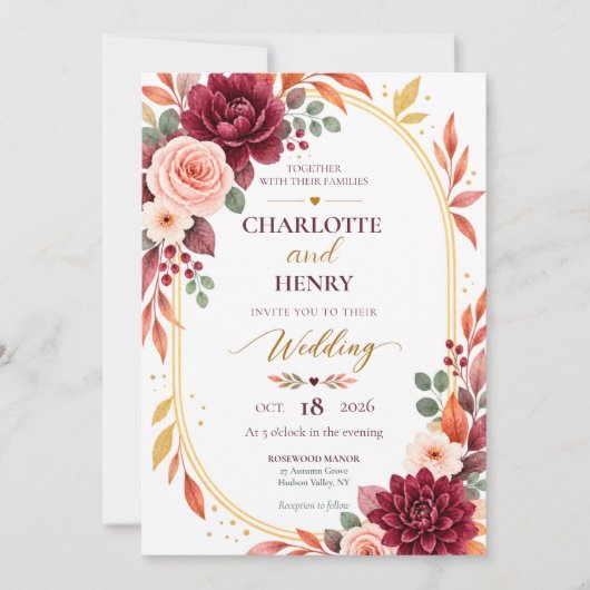 Burgundy Floral Fall Wedding Invitation 招待状 (正面)