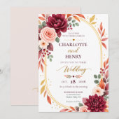 Burgundy Floral Fall Wedding Invitation 招待状 (正面/裏面)