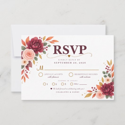 Burgundy Floral Fall Wedding RSVP Card (正面)