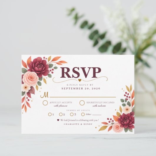 Burgundy Floral Fall Wedding RSVP Card (スタンド正面)