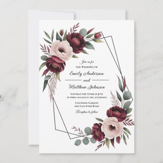 Burgundy Floral Frame Wedding Invitation 招待状 (正面)