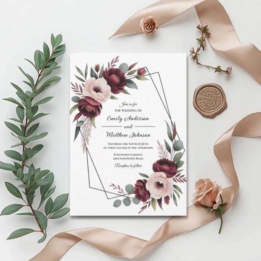 Burgundy Floral Frame Wedding Invitation 招待状