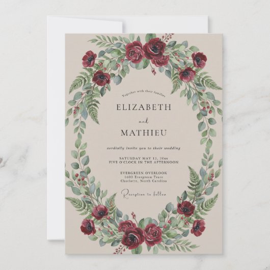 Burgundy Floral Garland Wedding 招待状 (正面)