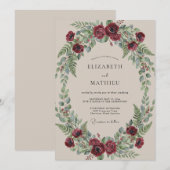 Burgundy Floral Garland Wedding 招待状 (正面/裏面)