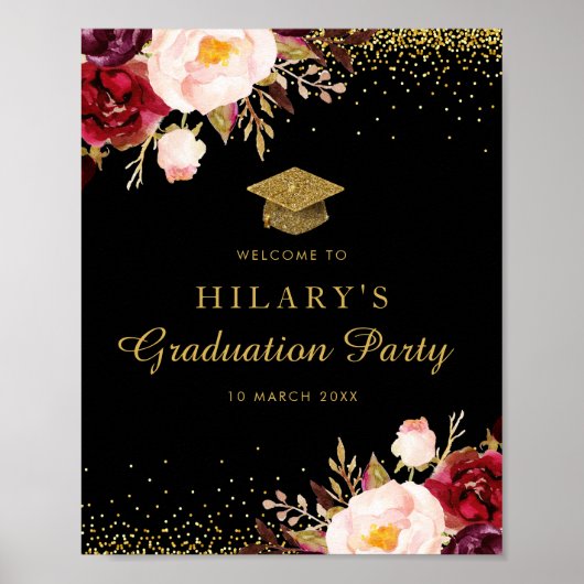 Burgundy floral glitter graduation welcome sign ポスター (正面)