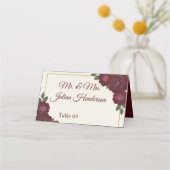 Burgundy Floral & Gold Folded Wedding Place Card プレイスカード (裏面)