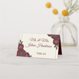 Burgundy Floral & Gold Folded Wedding Place Card プレイスカード