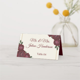 Burgundy Floral & Gold Folded Wedding Place Card プレイスカード