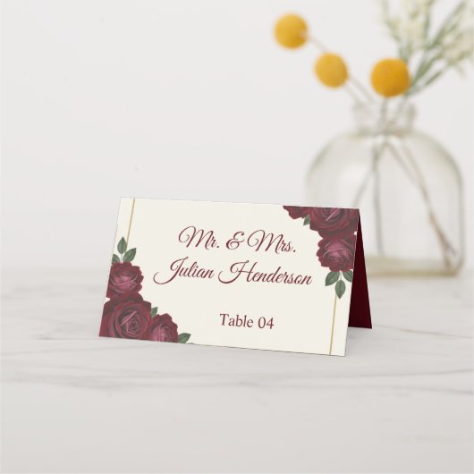 Burgundy Floral & Gold Folded Wedding Place Card プレイスカード (正面)