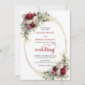 Burgundy Floral Gold Frame Elegant Wedding Invite 招待状 (正面)