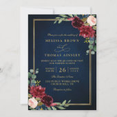 Burgundy Floral Gold Navy Blue QR Code Wedding 招待状 (正面)