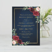 Burgundy Floral Gold Navy Blue QR Code Wedding 招待状 (スタンド正面)