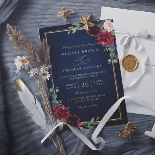 Burgundy Floral Gold Navy Blue QR Code Wedding 招待状