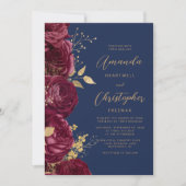 Burgundy Floral Gold Script Navy Blue Wedding 招待状 (正面)