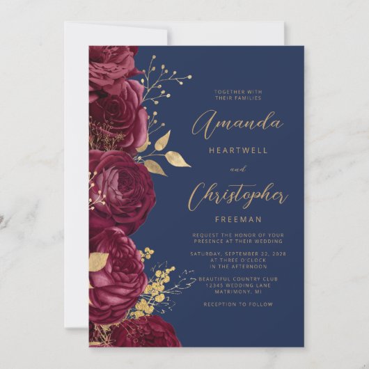 Burgundy Floral Gold Script Navy Blue Wedding 招待状 (正面)