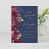 Burgundy Floral Gold Script Navy Blue Wedding 招待状 (スタンド正面)