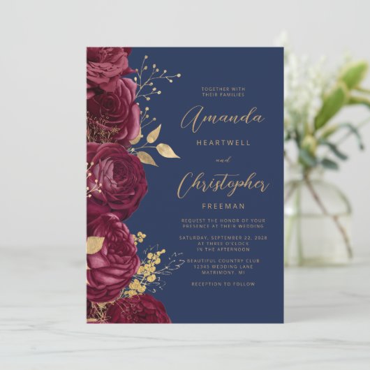 Burgundy Floral Gold Script Navy Blue Wedding 招待状 (スタンド正面)