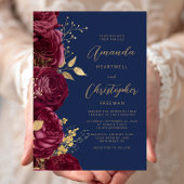 Burgundy Floral Gold Script Navy Blue Wedding 招待状
