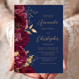 Burgundy Floral Gold Script Navy Blue Wedding 招待状