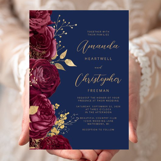 Burgundy Floral Gold Script Navy Blue Wedding 招待状